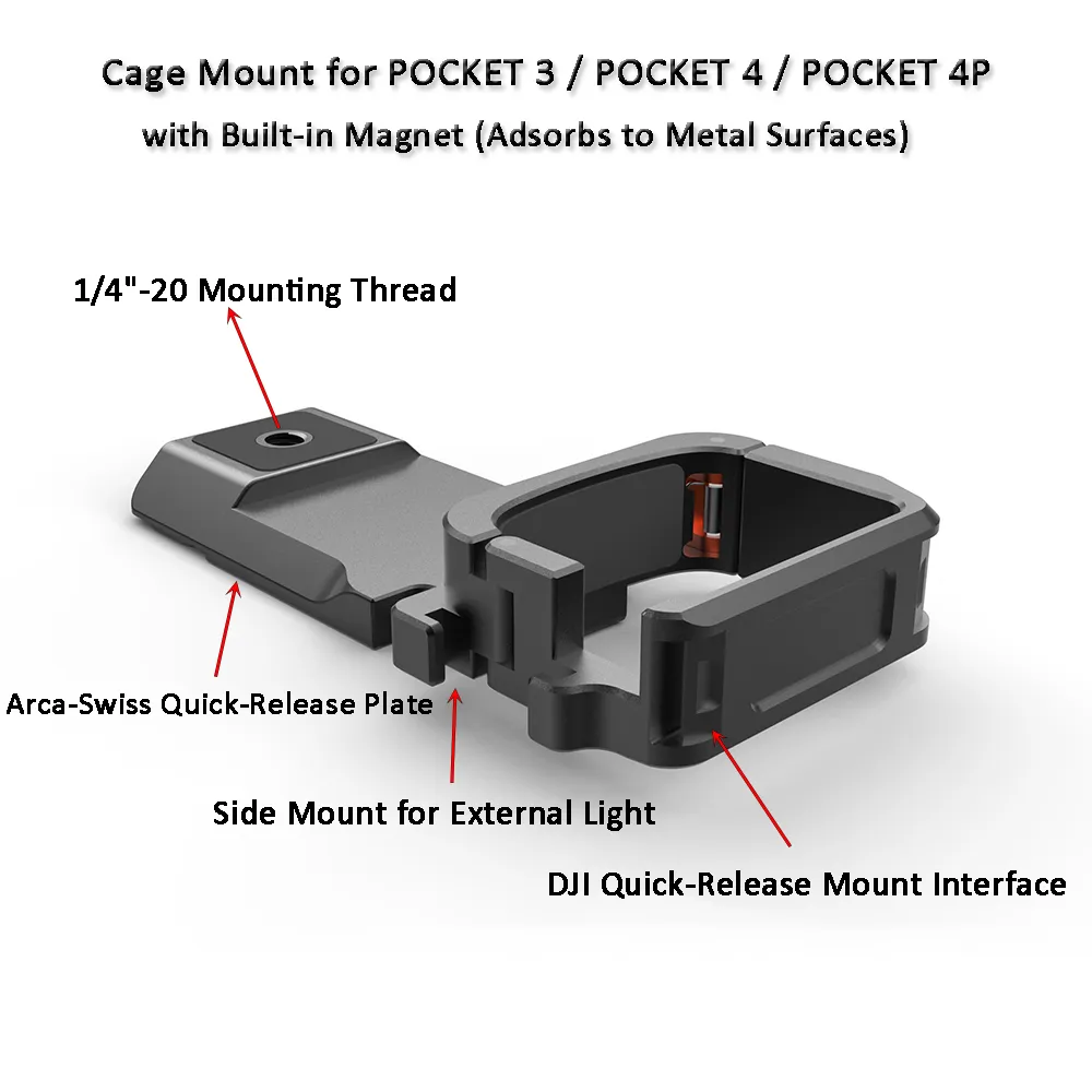 Magnetic Cage Mount for DJI Osmo Pocket 3/4/4 Pro, Arca, DJI & GoPro Quick Release, Cold Shoe, 1/4"-20 Thread